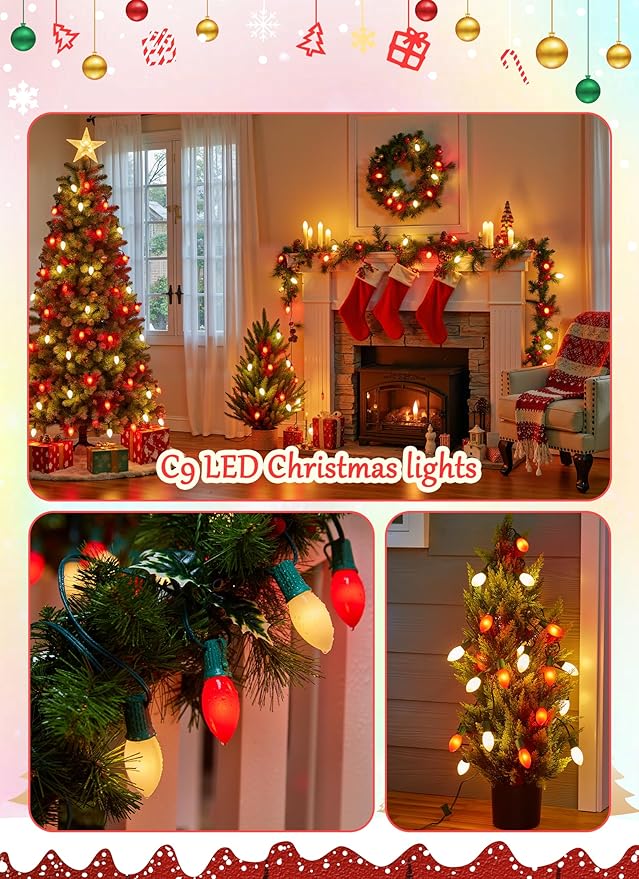 Vintage C9 LED Christmas Lights Outdoor, 100 Feet C9 String Light with 100 Shatterproof C9 Bulbs, Waterproof Connectable Christmas Tree Lights for Outside Roofline Patio Xmas Decor, Red & Warm White