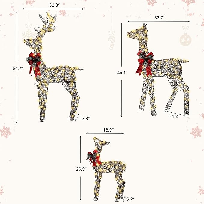 3-Piece Large Pre-Lit Christmas Deer Family Set Outdoor Yard Decorations, 55" Tall Frosted Rattan Deer Lighted Holiday Displays with 350 Warm LEDs, Stakes & Zip Ties for Front Door Garden Lawn
