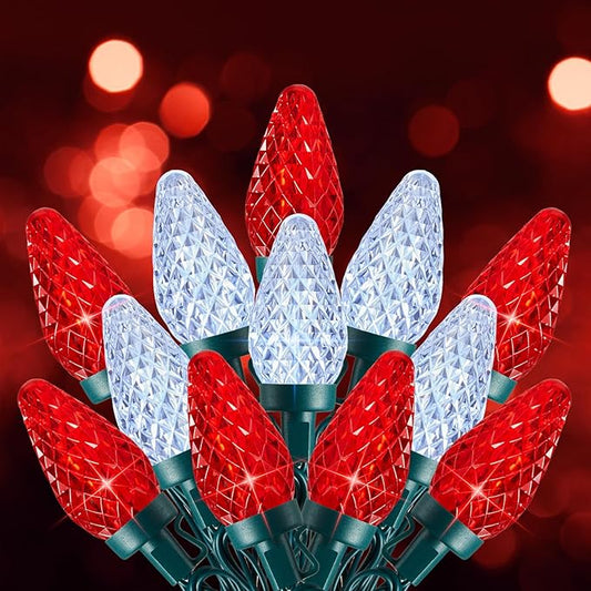C9 Christmas Lights Outdoor, 66 FT 100 LED Connectable C9 String Lights with 8 Modes and Timer Xmas Tree Patio Roofline Garden Yard Holiday Party Indoor Outdoor Decoration, Red and White