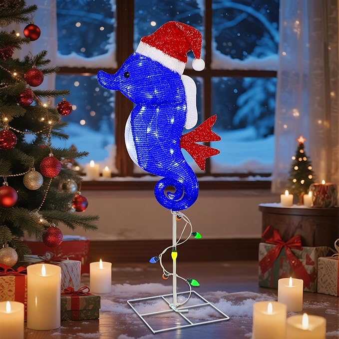 Prsildan Outdoor Christmas Decorations – 40 Inch Colorful LED Seahorse Yard Decor with Santa Hats, Lighted Holiday Lawn Stakes for Porch, Garden, Pathway, Seahorse Figures Xmas Decor (Blue)