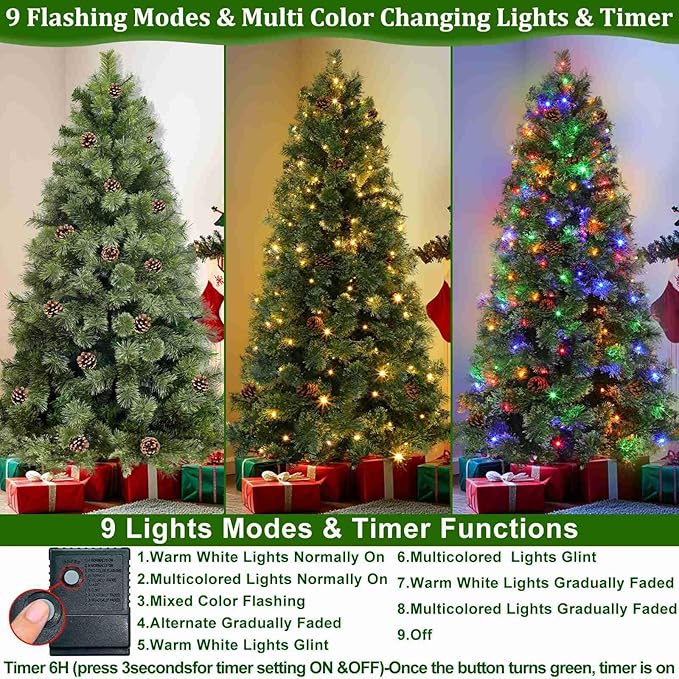 6 Ft by 40" Prelit Full Smoky Pine Christmas Tree with 200 Warm White & Colorful Change Lights Timer,555 Thick Mixed Branch Tips,33 Pinecones,8 Mode,Metal Stand,Hinged Tree Artificial Xmas Tree Decor