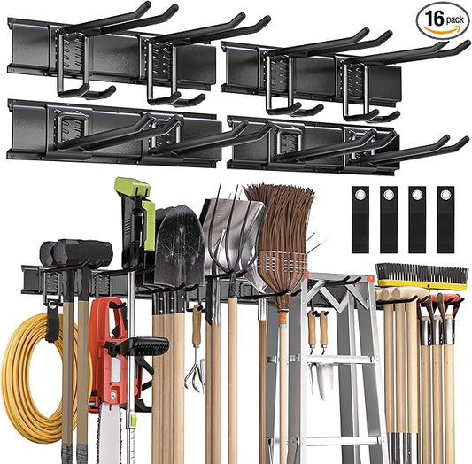 Garden Tool Organizer Wall Mount, 64 inches Tool Storage Rack with Adjustable Hooks, 600lbs Adjustable Heavy Duty Metal Hooks, Yard Shed Rack Holder System Hanging Rake Broom Mop Snowboard, Men Gift