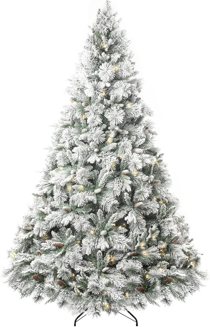 Glasgow 7.5ft Frosted Prelit Artificial Christmas Tree with Pine Cones, Foot Pedal, 1556 Branch Tips, 750 Warm Lights & Metal Stand, 61" Wide Realistic Pine Snow Flocked Christmas Tree with Lights
