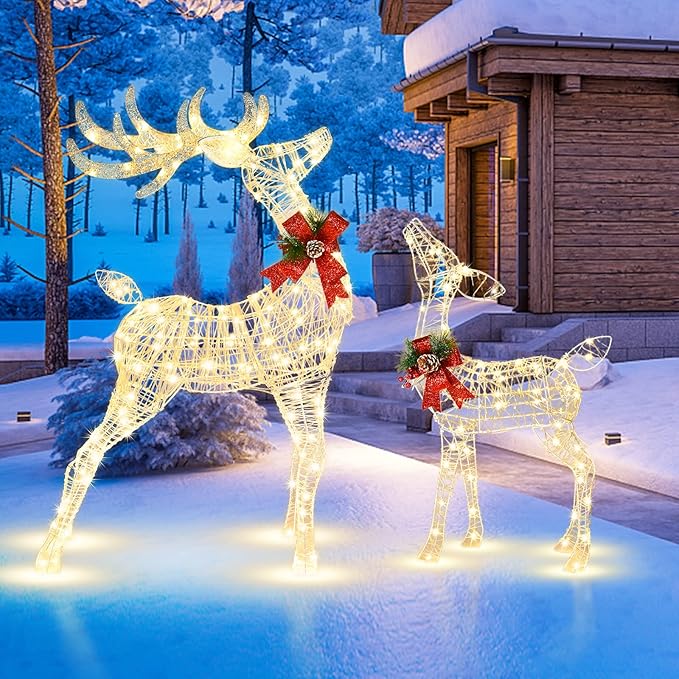 Tangkula 4.4 FT Christmas Lighted Reindeer, Outdoor Yard Christmas Decorations with 120 LED Lights, Artificial Xmas Décor with Stakes and Zip Ties, Indoor/Outdoor Festive Holiday Decoration