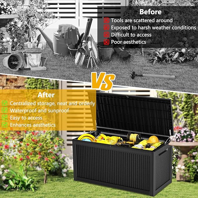 320 Gallon Deck Box, Resin Outdoor Indoor Waterproof Storage Box, Lockable Storage Box With Handle for Patio Furniture - Garden Tools