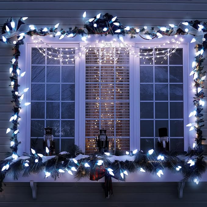 WBao Battery Operated Christmas Lights 100 LED 33ft, C6 String Lights with 8 Modes, Timer, Waterproof Design for Indoor Outdoor Christmas Trees, Fence, Stairs Xmas Decorations, Cool White