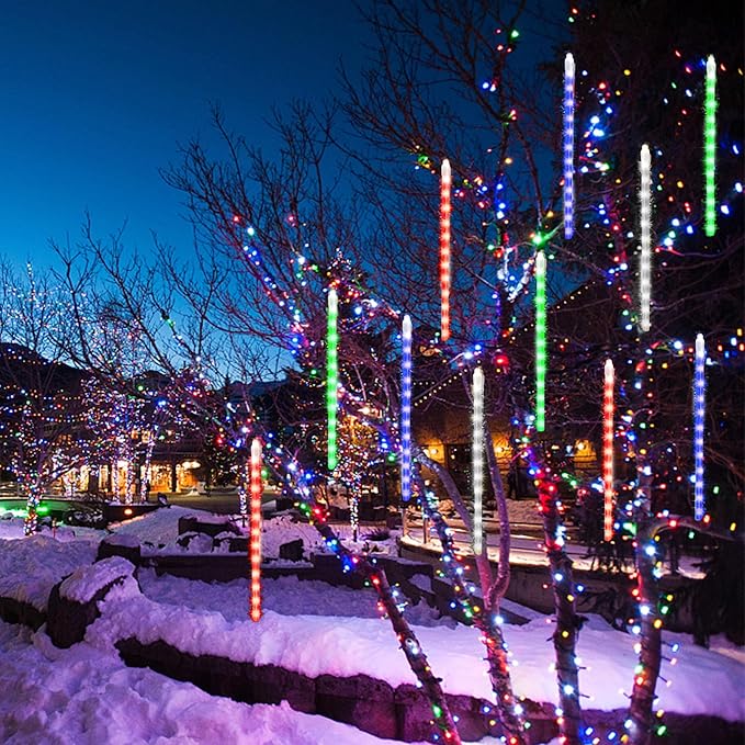 LJLNION Meteor Shower Lights, 12 Inch Outdoor Icicles Christmas Lights, 8 Tubes 288 LED Iciclelights Snow Falling Light, Connectable Raindrop Light, Xmas Wedding Party Tree Holiday Decor, Multicolor