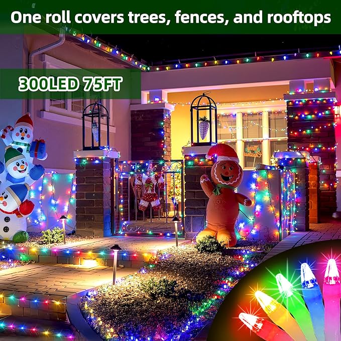 300LED Chrstmas Lights, 75ft Indoor Outdoor Christmas String Lights with 12 Modes, Multicolor ChristmasTree Lights with Timer Dimmable Connectable for Fence Garden Wedding Party Decor Multicolor