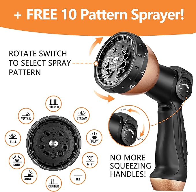 100ft Garden Hose – 2025 Upgarded Expandable Garden Hose w/10 Pattern Thumb Spray Nozzle, 650psi Pure Brass 3/4” Fittings – Lightweight, Durable, and Kink-Free(Black Rose Gold)