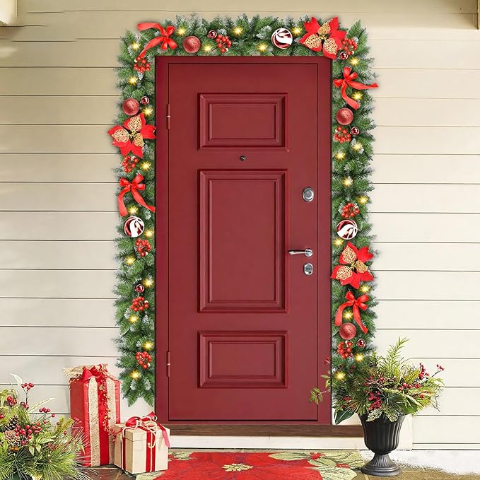 Christmas Garland, 30 LED Christmas Garlands with Lights, 9ft Artificial Battery Operated Garland with Flowers, Decorations, for Entrance Door/Fireplace/Stairs/Christmas Tree/Home Outdoor Decorations