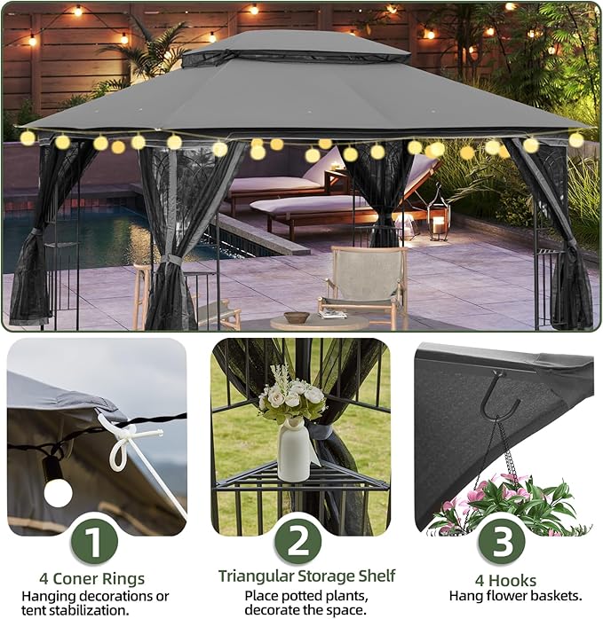 ECOTOUGE 10' X 13' Outdoor Gazebo, Soft Double Roof Canopy Tent with Mosquito Netting, Party Tent Shelter with Corner Frame Shelves for Patio, Backyard, Deck, Grey