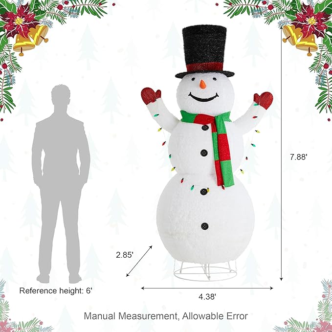 Glitzhome 8FT Giant Lighted Christmas Snowman, Large Foldable White Outdoor 3D Christmas Holiday Snowman Decoration w/ 430 LED Lights, Hat, Scarf, Multicolored Lights