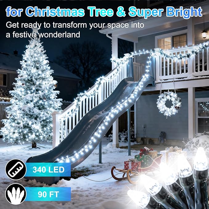 340 LED 90FT Christmas String Lights Outdoor, 12 Pro Modes and Timer Memory & Brightness, Plug in Waterproof Dark Green Wire Twinkle Light for for Xmas Yard Tree Wedding Party Decor (Cool White)