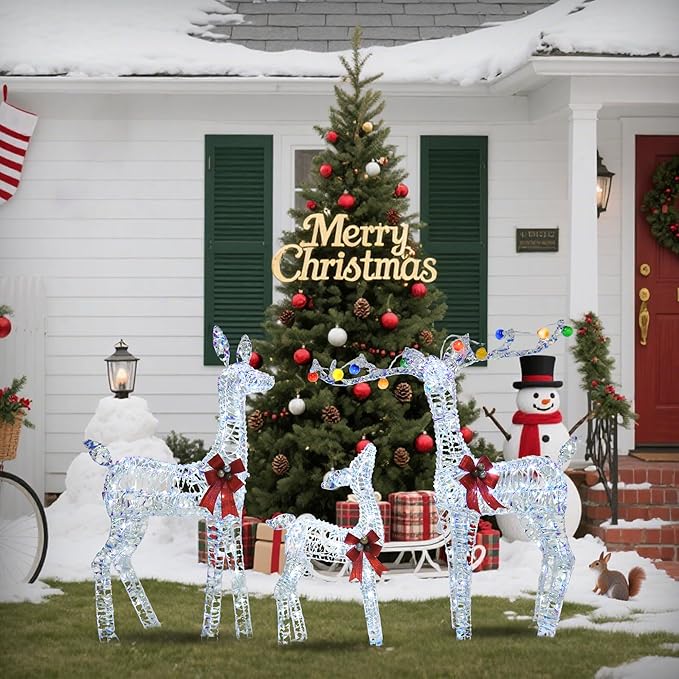 Outdoor Lighted Reindeer Family Christmas Decor, 52" H Iridescent Deer 3D Holiday Yard Decorations with 200 White LED Lights, 3-Piece Set, Perfect for Lawn, Gardern