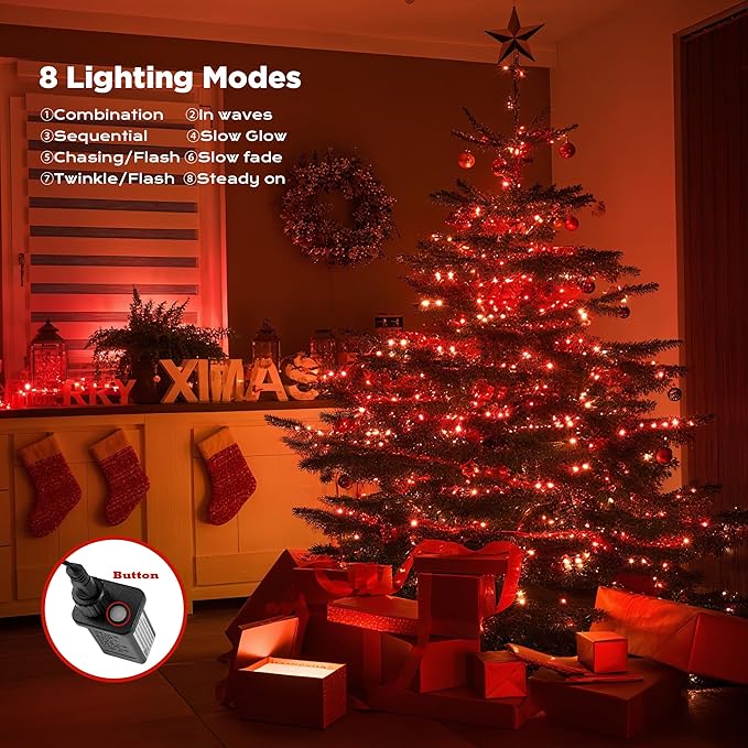 WBao Christmas Lights Indoor Outdoor 300LED 108ft, Super Bright LED Christmas String Lights with UL Certified, 8 Light Modes, Timer, Connectable & Waterproof for Trees, Patio, Xmas Party Decor, Red