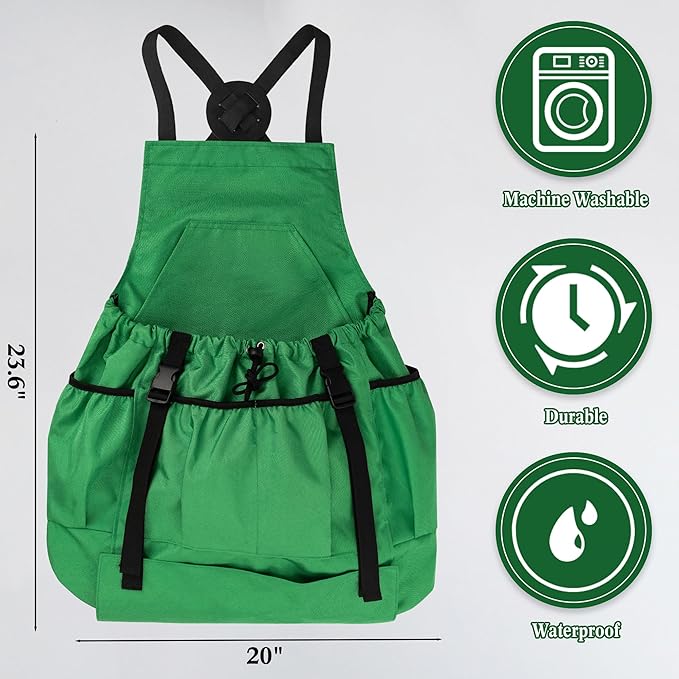 Gardening Apron for Women & Men, Garden Aprons with Pockets and Interal Drawstring Bag, Waterproof Adjustable Cross Back Harvest Apron for Fruit Picking Storage Weeding Garden Gift
