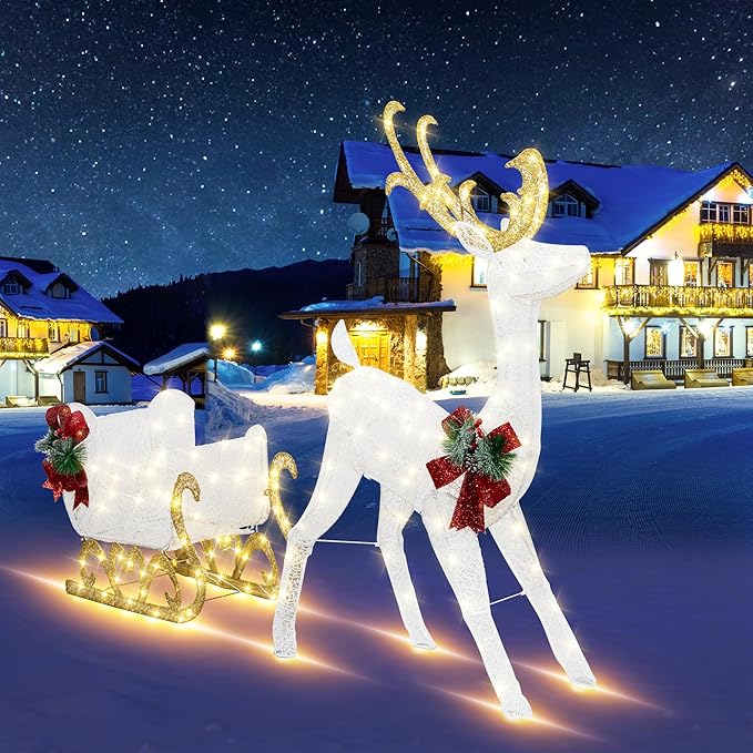 Vongrasig 4FT Lighted Christmas Reindeer & Sleigh Outdoor Yard Decoration Set W/ 205 LED Lights & 8 Ground Stakes, Zip Ties, Artificial Xmas Lighted Holiday Decor for Indoor and Outdoor(White)