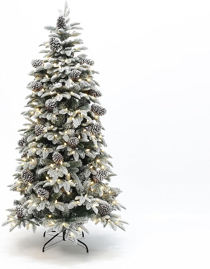 LuxenHome 6FT Christmas Tree with Lights, Flocked Artificial Christmas Tree with 8 Lighting Functions, 250 LED Lights, Pine Cone, Prelit Xmas Trees for Indoor and Outdoor Holiday Decor