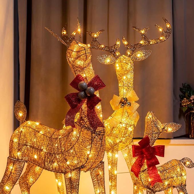 YULETIME 3-Piece Pre-Lit 3D Christmas Reindeer Family, Lighted Glitter Deer Holiday Decoration With Warm White LED Lights