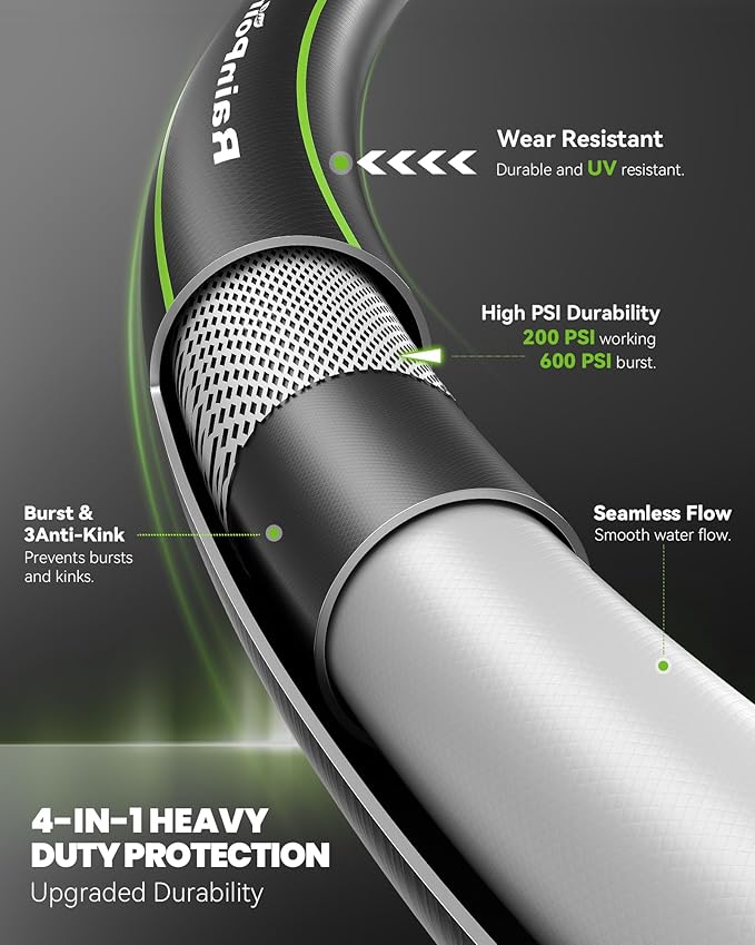 RAINPOINT Garden Hose 25ft x 5/8", Water Hose Heavy Duty, Flexible, Lightweight Durable Hybrid Hose with Swivel Handle for Yard, Car Wash, Pets, No Kink, Male to Female Fittings