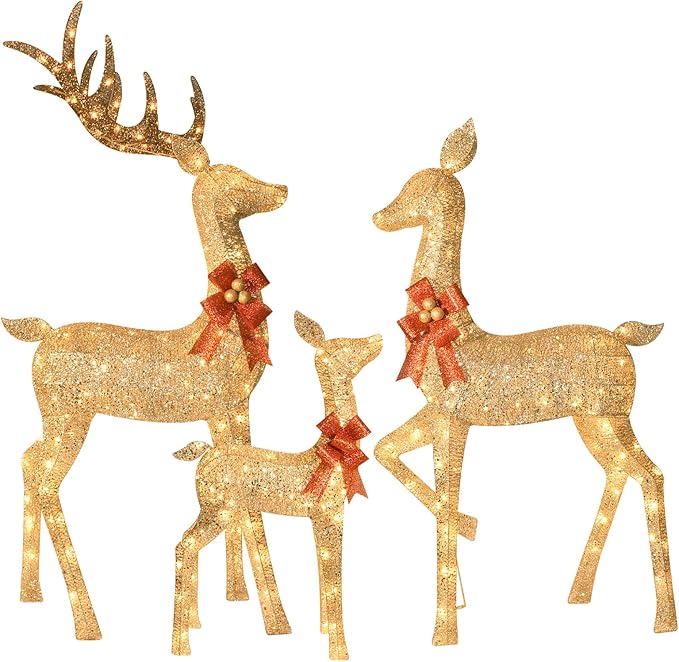 HOYECHI 6.5 FT Oversized Christmas Decorations Outdoor Lighted Reindeer – 3-Piece 3D Deer Family Set with 340 Warm White LED Lights for Yard, Lawn, Garden & Porch Holiday Display - Gold