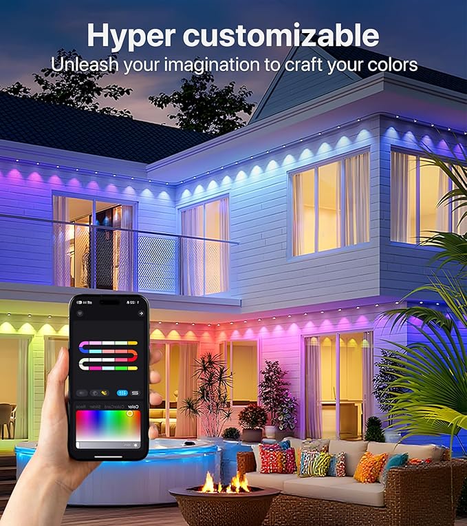 100FT RGB+IC LED Permanent Outdoor Lights，Eave Lights with Smart APP & Remote Control, 72 Scene Modes, Waterproof IP65 for Holiday Christmas Decorations