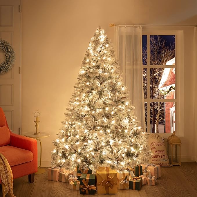 Glasgow 6.5ft Frosted Prelit Artificial Christmas Tree with Pine Cones, Foot Pedal, 1040 Branch Tips, 650 Warm Lights & Metal Stand, 56" Wide Realistic Snow Flocked Pine Christmas Tree with Lights