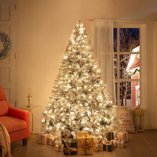 Glasgow 6.5ft Frosted Prelit Artificial Christmas Tree with Pine Cones, Foot Pedal, 1040 Branch Tips, 650 Warm Lights & Metal Stand, 56" Wide Realistic Snow Flocked Pine Christmas Tree with Lights