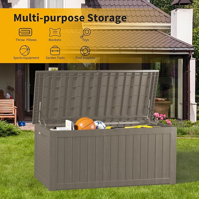 270 Gallon Deck Box, Resin Outdoor Indoor Waterproof Storage Box, Lockable Storage Box With Handle for Patio Furniture - Garden Tools - Swimming Pool Tools UV-Resistant, Brown