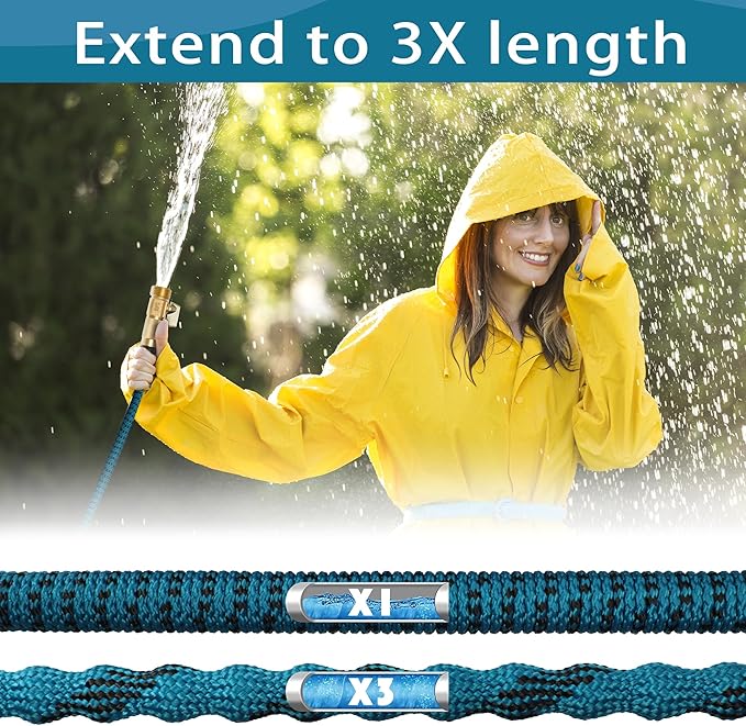 100 ft Expandable Garden Hose - Water Hose w/10 Function Spray Nozzle, Lightweight, No-Kink Flexible Hose with 3/4" Brass Fittings and 4-Layer Latex Core, 100ft Retractable Stretch Hose (Blue Black)