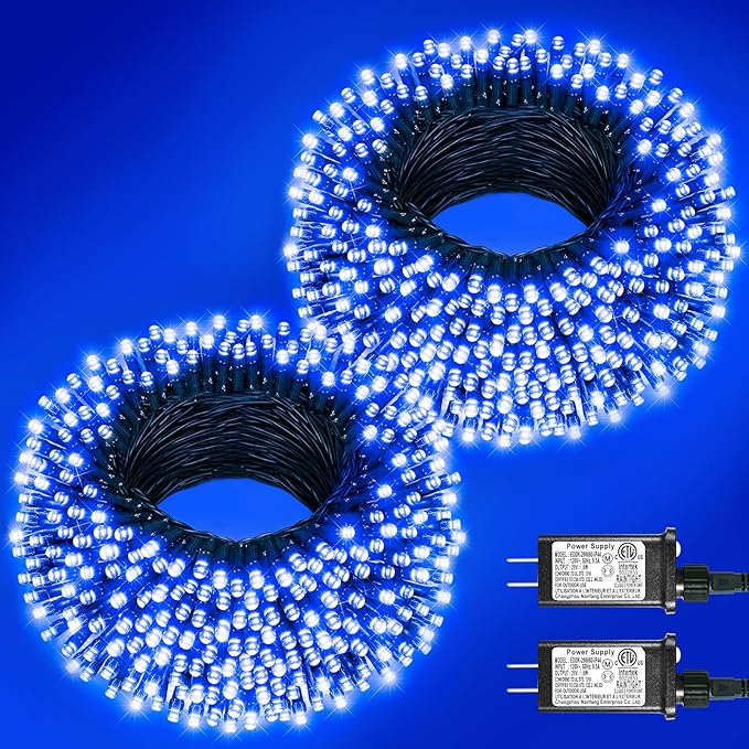 2 Pack Christmas Lights Outdoor, Total 200FT 600LED Christmas Tree Lights with 8 Modes Waterproof, Green Wire String Twinkle Lights for Indoor Home Garden Xmas Party Holiday Decorations, Blue