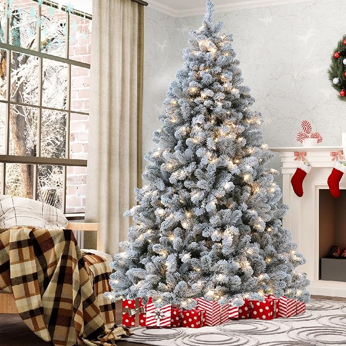 Flocked Christmas Tree, 7.5 ft Prelit Christmas Tree with Lights, 10 Functions, 400 Lights, Spruce Artificial Christmas Tree Prelit with 1832 Realistic Tips & Sturdy Metal Base Easy Assembly