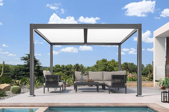 PURPLE LEAF Louvered Pergola 10' x 12' Outdoor Aluminum Pergola with White Adjustable Rainproof Roof Grey Frame Hardtop Gazebo for Patio Deck Garden