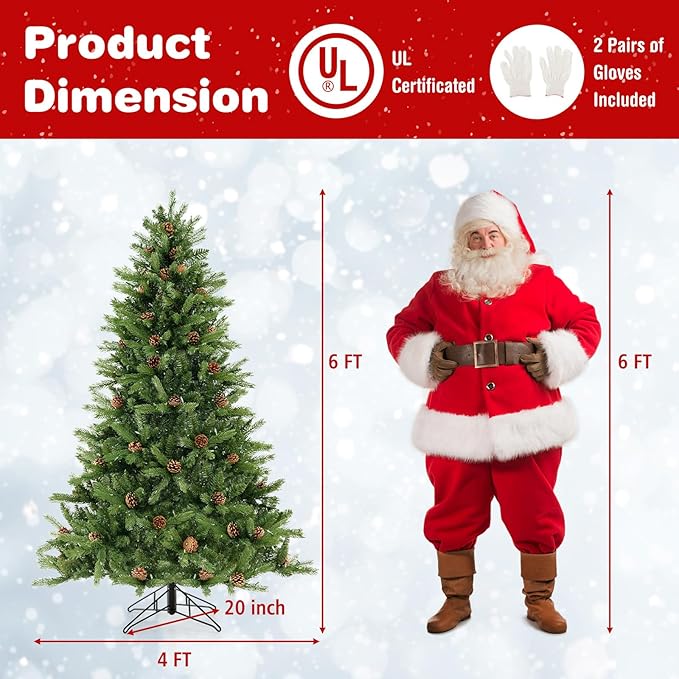 GOFLAME 6FT Pre-Lit Christmas Tree, 3-Minute Quick Shape Artificial Xmas Tree with Power Connector, Remote, 470 LED Lights, Pine Cones, 3 Lighting Modes, Timer, Holiday Decoration Tree for Home Office