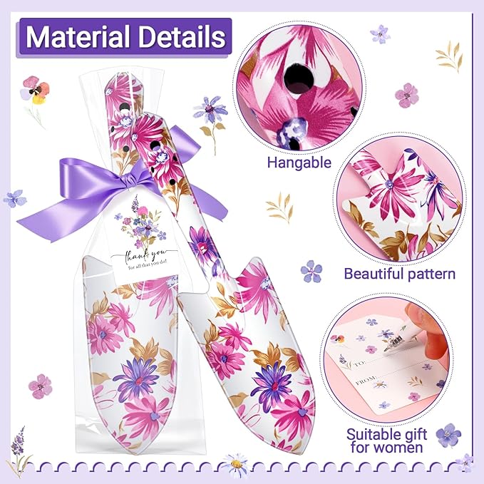 Capoda 12 Sets Floral Garden Shovels Bulk Gardening Gift for Women Mini Garden Tools Heavy Duty Floral Hand Trowels Thank You Cards with Gift Bags for Mom Birthday Teacher Employee(Purple,Elegant)