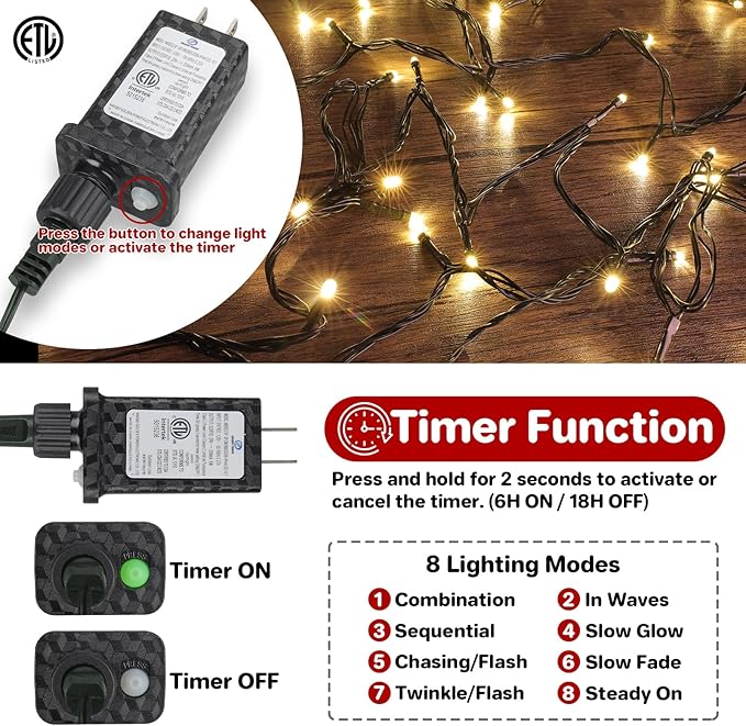 264FT 800 LED Christmas Lights, Twinkle Xmas Lights with 8 Modes and Timer, Outdoor Waterproof Christmas Tree Lights for Room Bedroom Wedding Party Holiday Decorations, Warm White