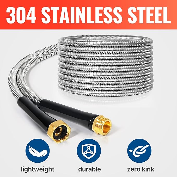 YAMATIC 40FT Stainless Steel Garden Hose with 10 Pattern Spray Nozzle, Heavy Duty Metal Water Hose, Kink-Free, Rust Resistant Hose for Yard, Lawn, RV, Outdoor