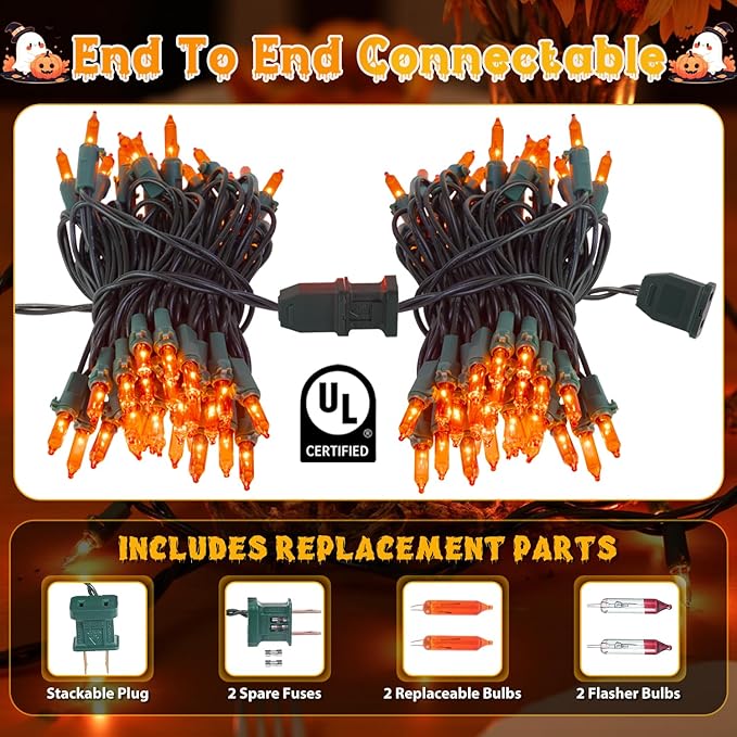 Orange Christmas Lights, 13FT 50 Count Incandescent Mini String Light with Green Wire, Waterproof Orange Christmas Tree Lights Plug in for Halloween Outdoor Indoor Patio Home Party Xmas Decor