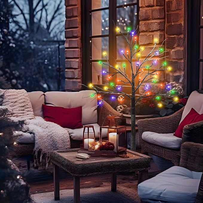 2 Pack 4 FT Birch Tree with 96 LED Multicolor Lights, Artificial Lighted Birch Tree Snowy Light Up Birch Twig Christmas Tree for Party Home Mantel Porch Yard Indoor Outdoor Decor