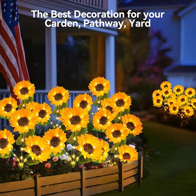 KOOPER Solar Lights Outdoor Decor - 6 Pack Solar Garden Lights with 18 Sunflower Lights, Auto ON/Off, Waterproof for Garden, Patio, Backyard