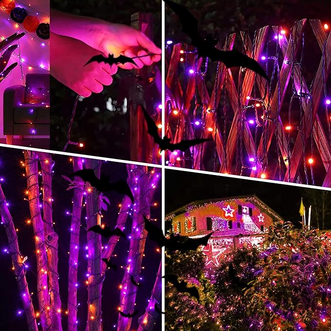 kemooie 300 LED Orange&Purple Halloween Lights, 99FT Connectable 8 Lighting Modes with Memory Function Plug in, Waterproof for Outdoor Indoor Halloween Garden Roof Decorations (Purple and Orange)