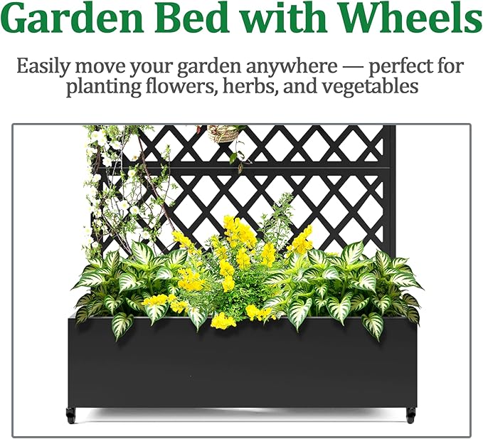 Metal Raised Garden Bed with Trellis and Wheels, 2 in 1 Trellis with Planter Box & Privacy Screen for Climbing Plants, Outdoor Standing Flower Beds with Drainage Holes, 35.4"L x 15.7"W x 70.9"H, Black