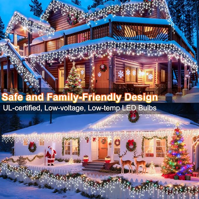 KNONEW 33FT 400 LED Christmas Lights Outdoor Black Wire String Lights with 75 Drops, 8 Lighting Modes, Timer Memory Function Connectable Hanging Curtain Lights for Halloween Party Decor (Cool White)