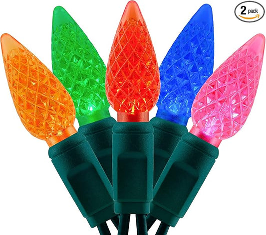 YULETIME Multicolor One-Piece C6 Strawberry Christmas Lights 140 Count 71 Feet, 2 Sets 70 LED 35.5 ft High Waterproof UL Certified String Light (Multicolor)