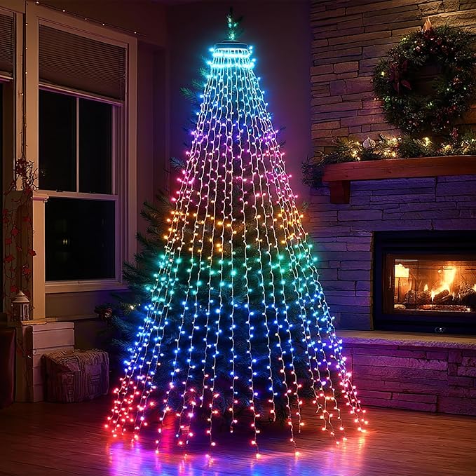 Dazzle Bright Smart Christmas Tree Lights, 448 LED Color Changing Waterfall Tree Topper Lights with Remote & APP, 8.2FT X 16 Lines RGB Christmas Light for Indoor Outdoor Party Xmas Decoration