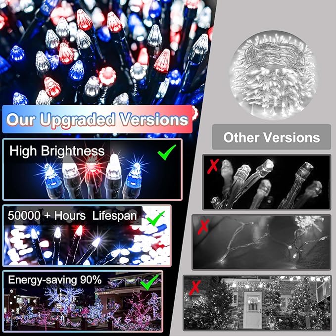 340 LED 90FT Christmas String Lights Outdoor, 12 Pro Modes and Timer Memory & Brightness, Plug in Waterproof Dark Green Wire Twinkle Light for for Xmas Yard Tree Wedding Party Decor Red White Blue