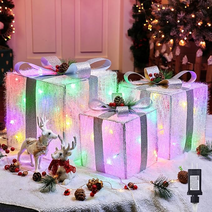 3 Pieces Foldable Christmas Decorations Lighted Gift Boxes, 12" 10" 8" with 60 Pre-Lit Mini String Lights，LED Xmas Gift Boxes with Bows for Tree Indoor Outdoor Holiday Party Yard Home Decor