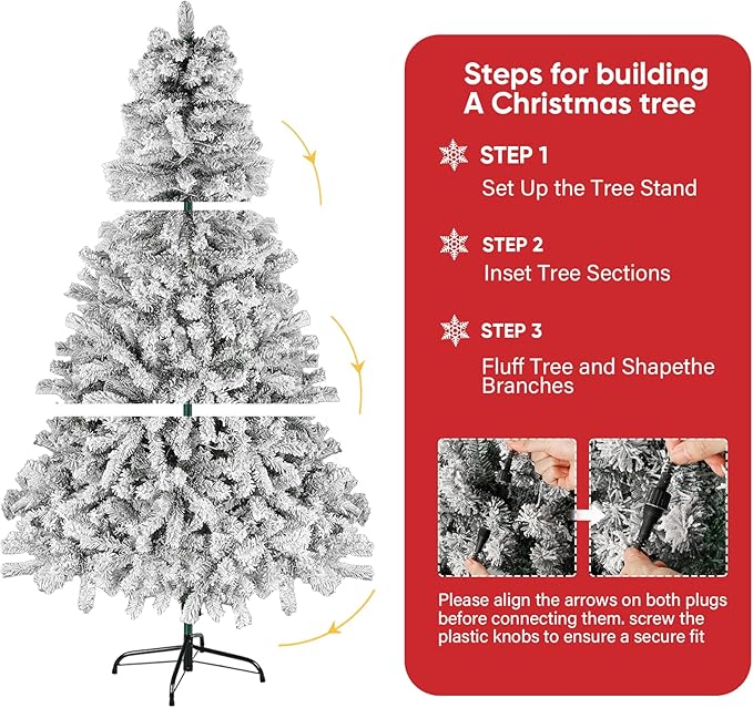 Northroad 6ft Pre-lit Flocked Christmas Tree with Incandescent Warm White Lights, Artificial Xmas Tree W/850 Branch Tips, 250 Lights & Foldable Stand