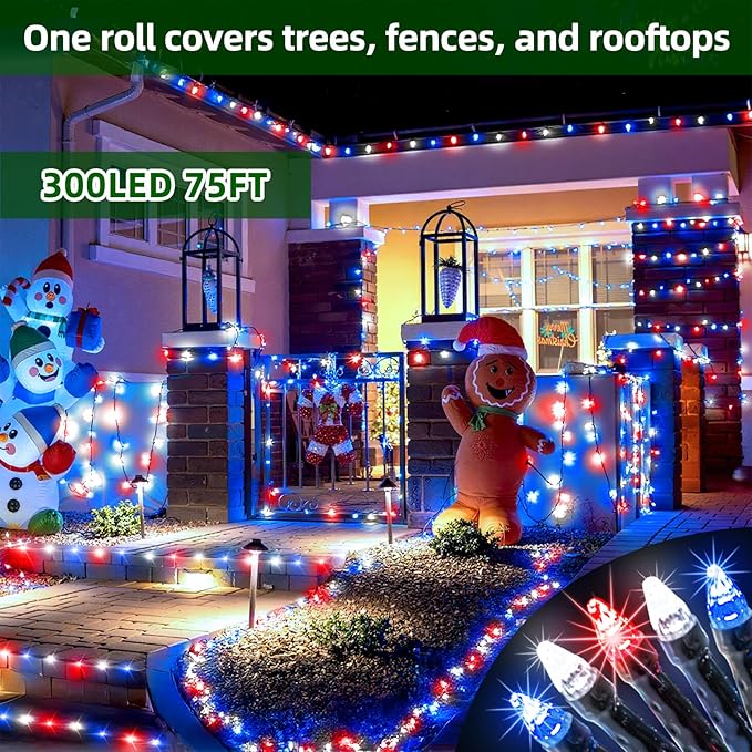 300LED Christmas Lights Outdoor Indoor Use, 12 Lighting Modes 75ft Christmas Tree Lights with Timer, Dimmable Plug in Red White and Blue LED StringLights Waterproof for Yard Tree Wedding Party Holiday