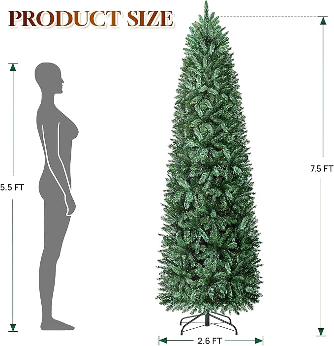 HOLLO STAR 7.5 ft Prelit Christmas Tree with 351 LED Lights, App Control, Artificial Pencil Christmas Tree with Multi-Color RGBW Lights, 1053 Branch Tips, Skinny, Metal Base, for Home, Party